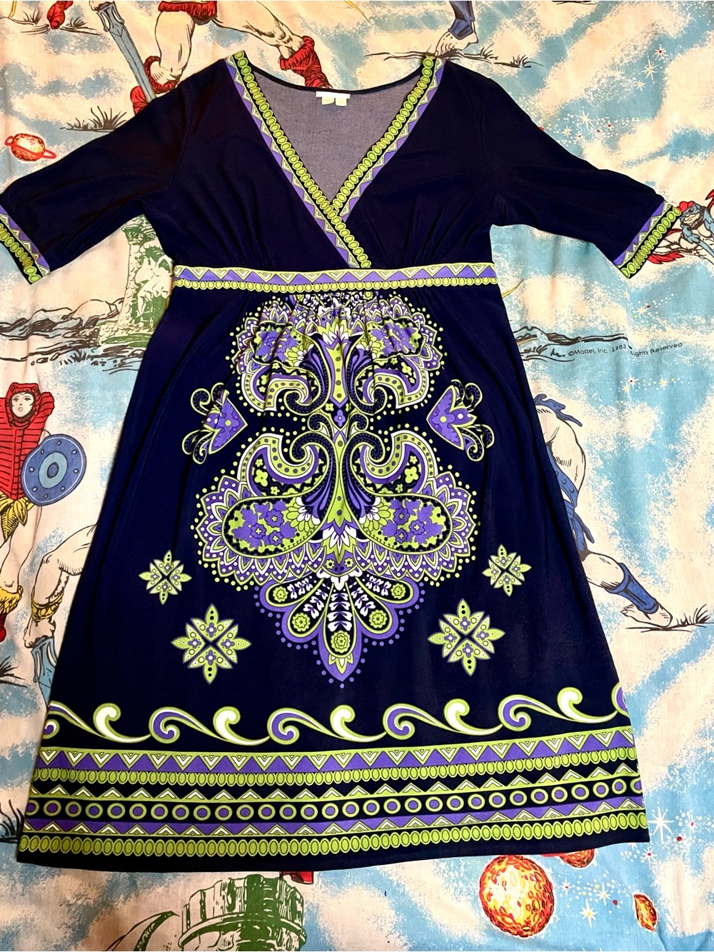 Navy Wrap-Style Dress with Purple & Lime Paisley Medallion Sz 14
